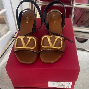 Valentino Women's Tan Sandals with Gold Logo